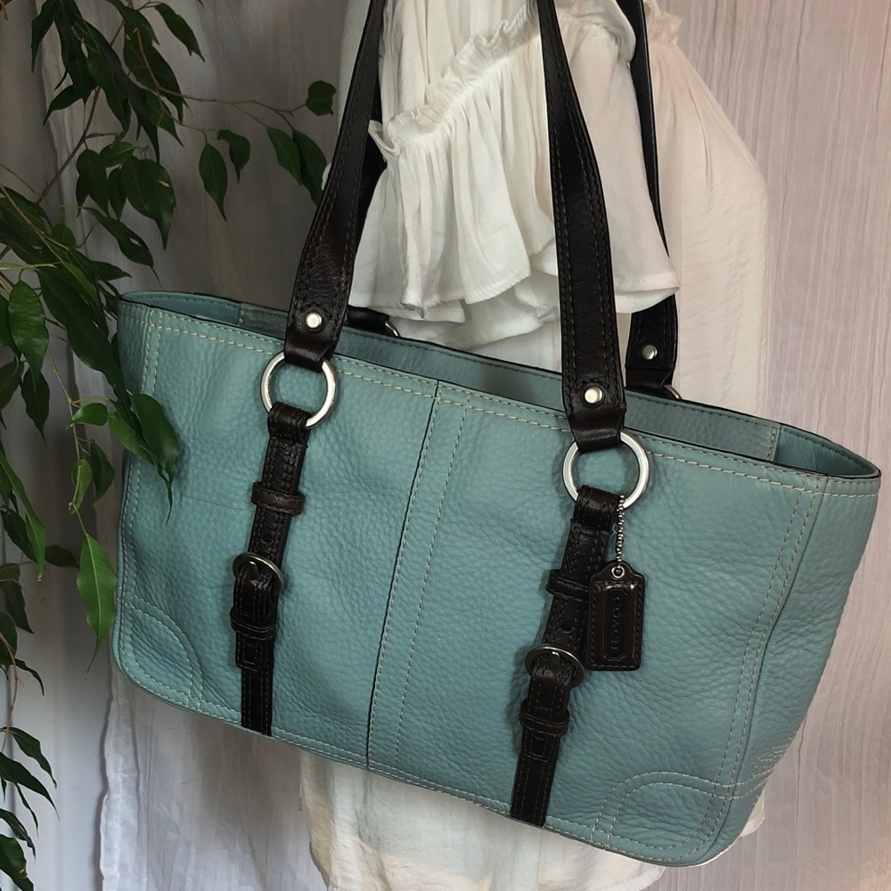 Vintage COACH pebbled leather light blue & brown double handles satchel bag